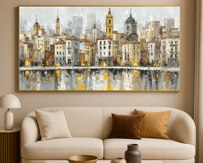 Textured architectural city wall art featuring bell towers, classic facades, gold accents, and soft neutrals.