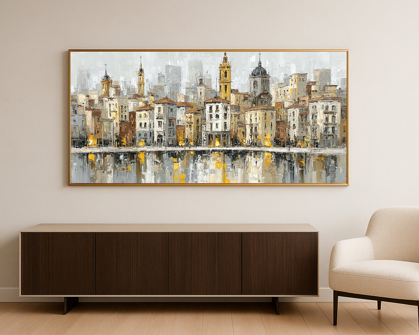 Elegant European skyline artwork with ivory buildings, gray background, golden towers, and reflected lights.