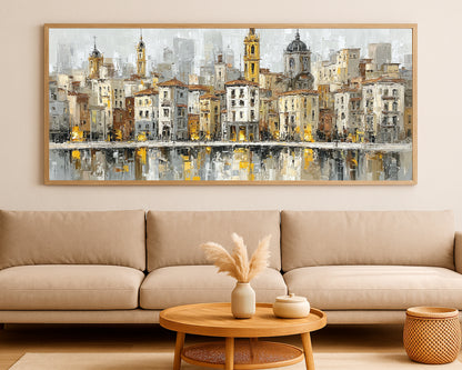Panoramic historic cityscape painting with domes, church towers, warm windows, and neutral textured brushwork.