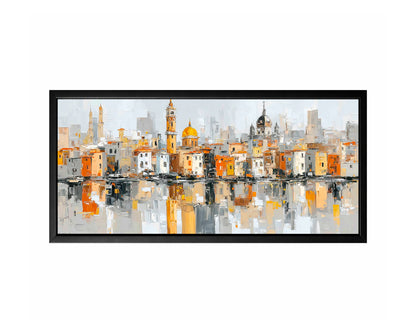 Panoramic Mediterranean cityscape with domes, towers, terracotta rooftops, gold accents, and water reflections.