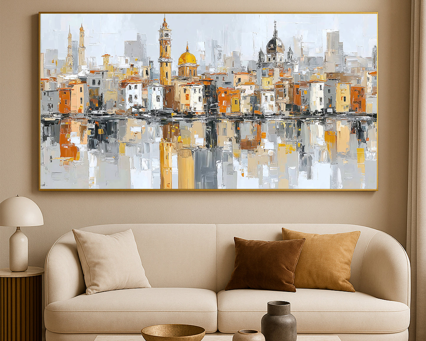 Warm neutral architectural wall art featuring layered city buildings, golden dome, and textured brushwork.