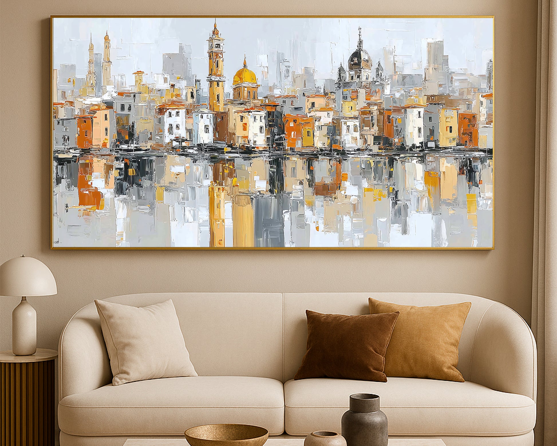 Warm neutral architectural wall art featuring layered city buildings, golden dome, and textured brushwork.