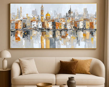 Warm neutral architectural wall art featuring layered city buildings, golden dome, and textured brushwork.