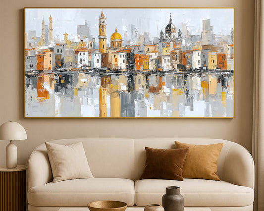Warm neutral architectural wall art featuring layered city buildings, golden dome, and textured brushwork.