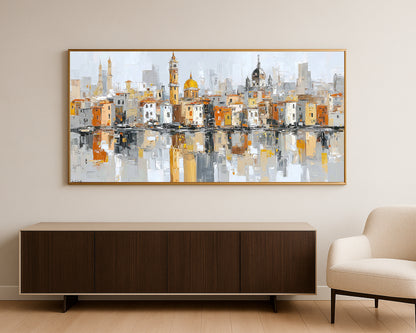 Mediterranean skyline artwork with ivory facades, orange rooftops, gray city background, and reflective water.