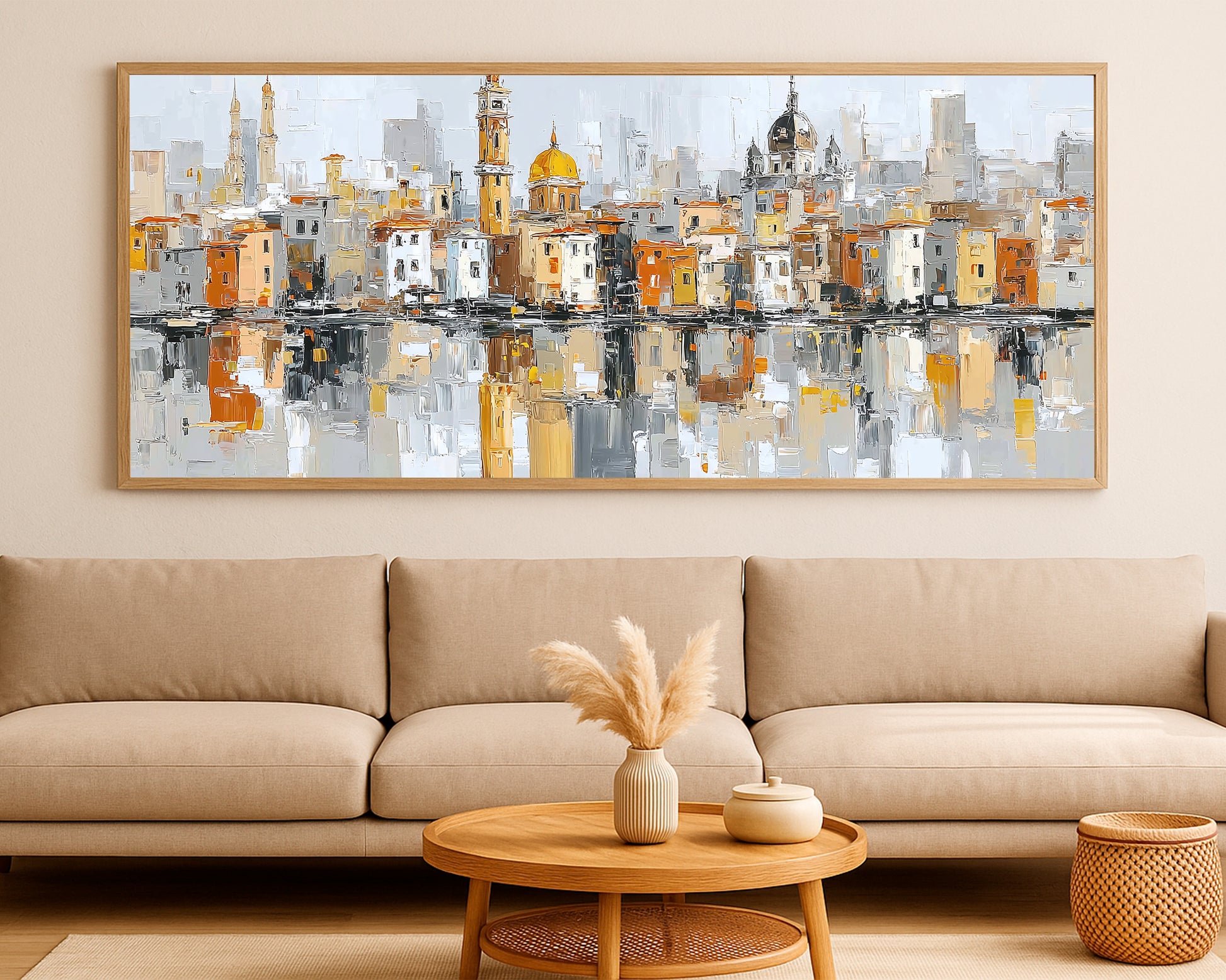 Textured panoramic cityscape painting with warm terracotta, beige, gray, and gold architectural details.