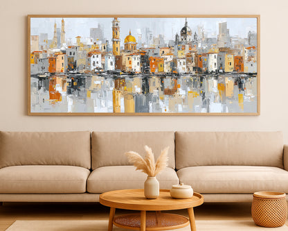 Textured panoramic cityscape painting with warm terracotta, beige, gray, and gold architectural details.