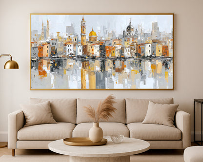 Abstract Mediterranean city wall art showing domes, towers, rooftops, and warm reflections in soft neutral tones.