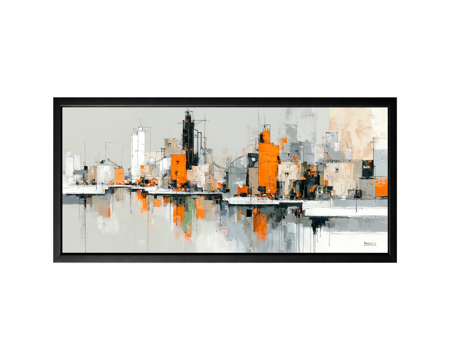 Panoramic abstract urban skyline with orange, gray, black, white, and beige geometric buildings.