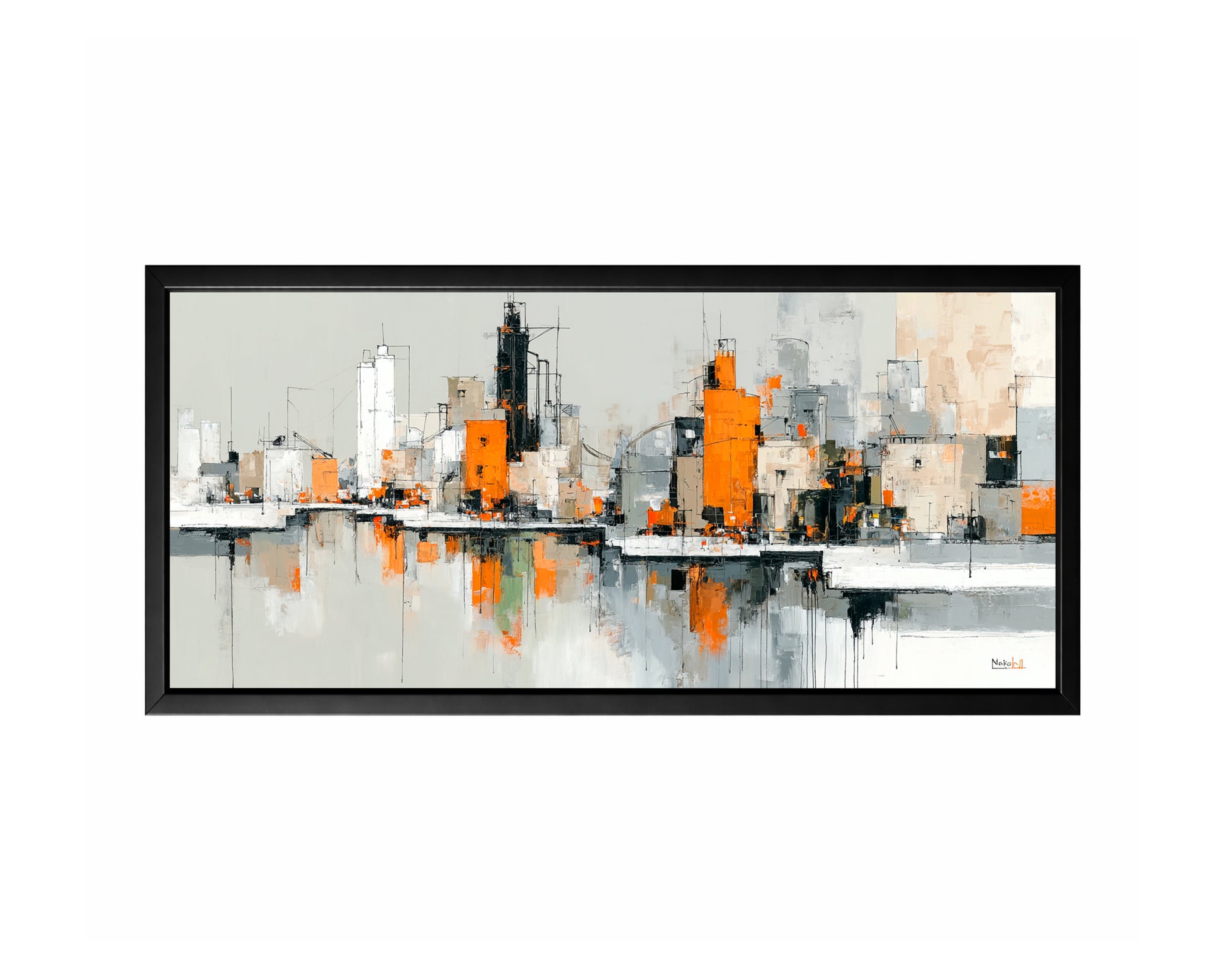 Panoramic abstract urban skyline with orange, gray, black, white, and beige geometric buildings.