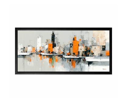 Panoramic abstract urban skyline with orange, gray, black, white, and beige geometric buildings.