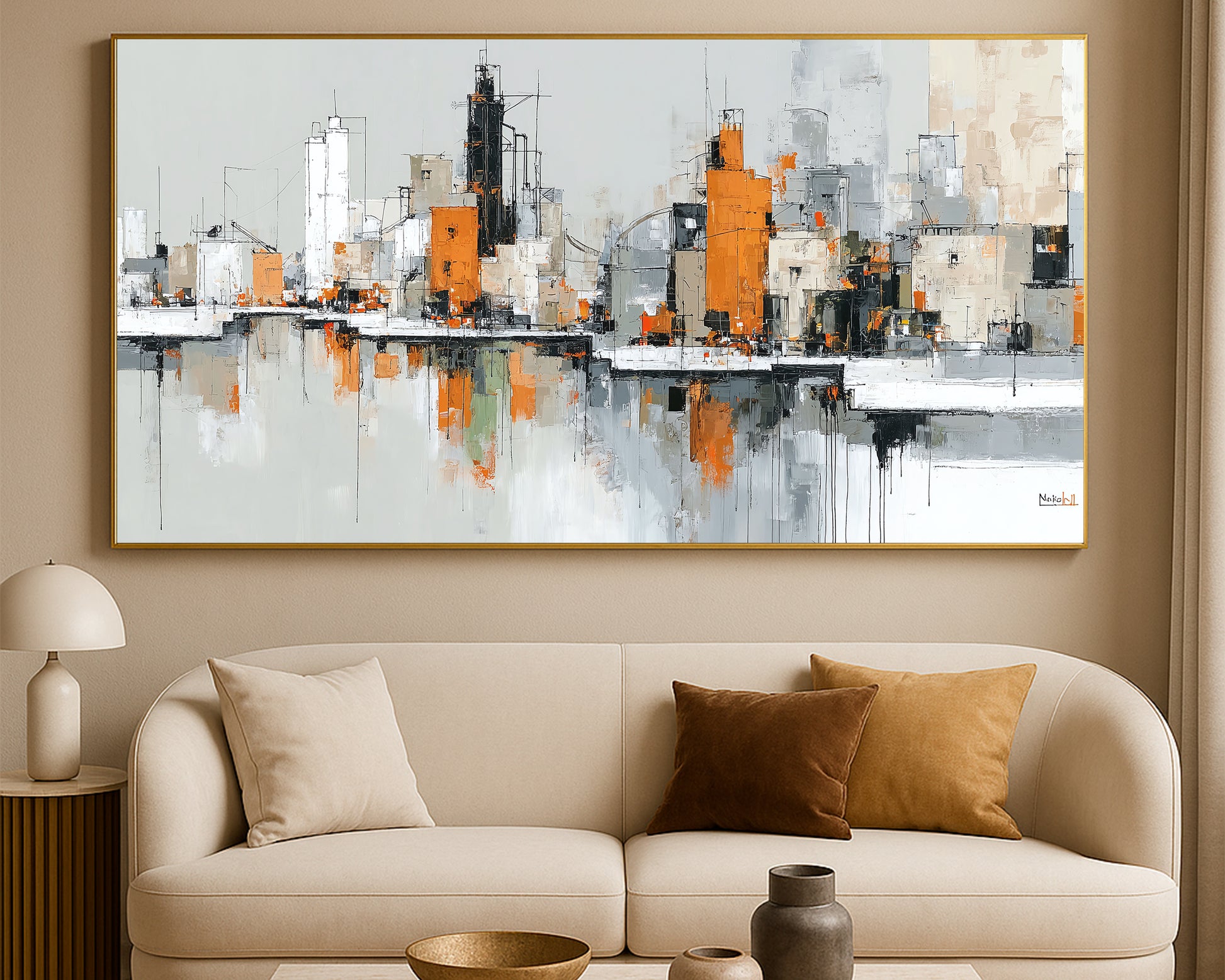 Modern abstract cityscape wall art featuring industrial skyline shapes, orange accents, and loose black linework.