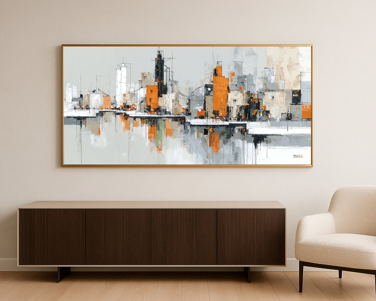 Textured urban architecture artwork with gray and white buildings, vivid orange blocks, and minimalist composition.
