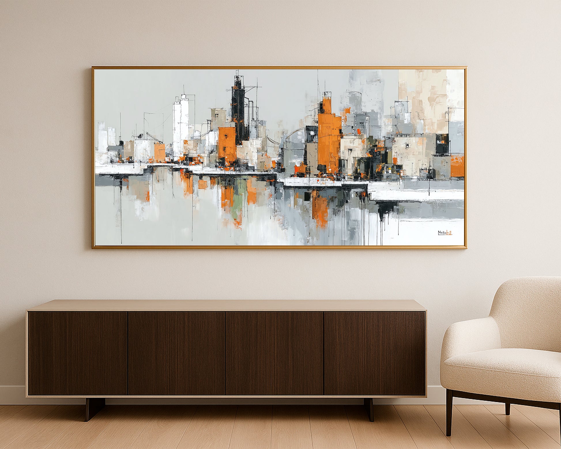 Textured urban architecture artwork with gray and white buildings, vivid orange blocks, and minimalist composition.
