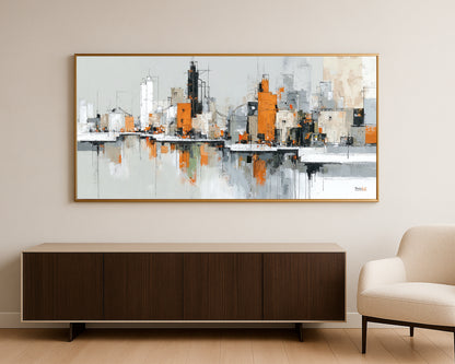 Textured urban architecture artwork with gray and white buildings, vivid orange blocks, and minimalist composition.