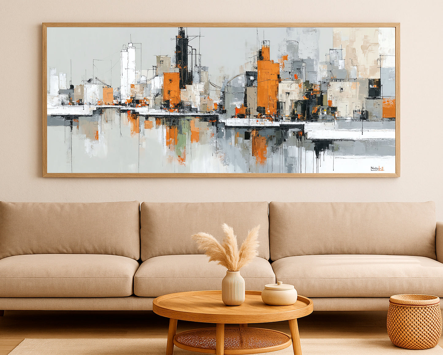 Abstract panoramic skyline print with modern geometric structures, black details, and warm orange highlights.