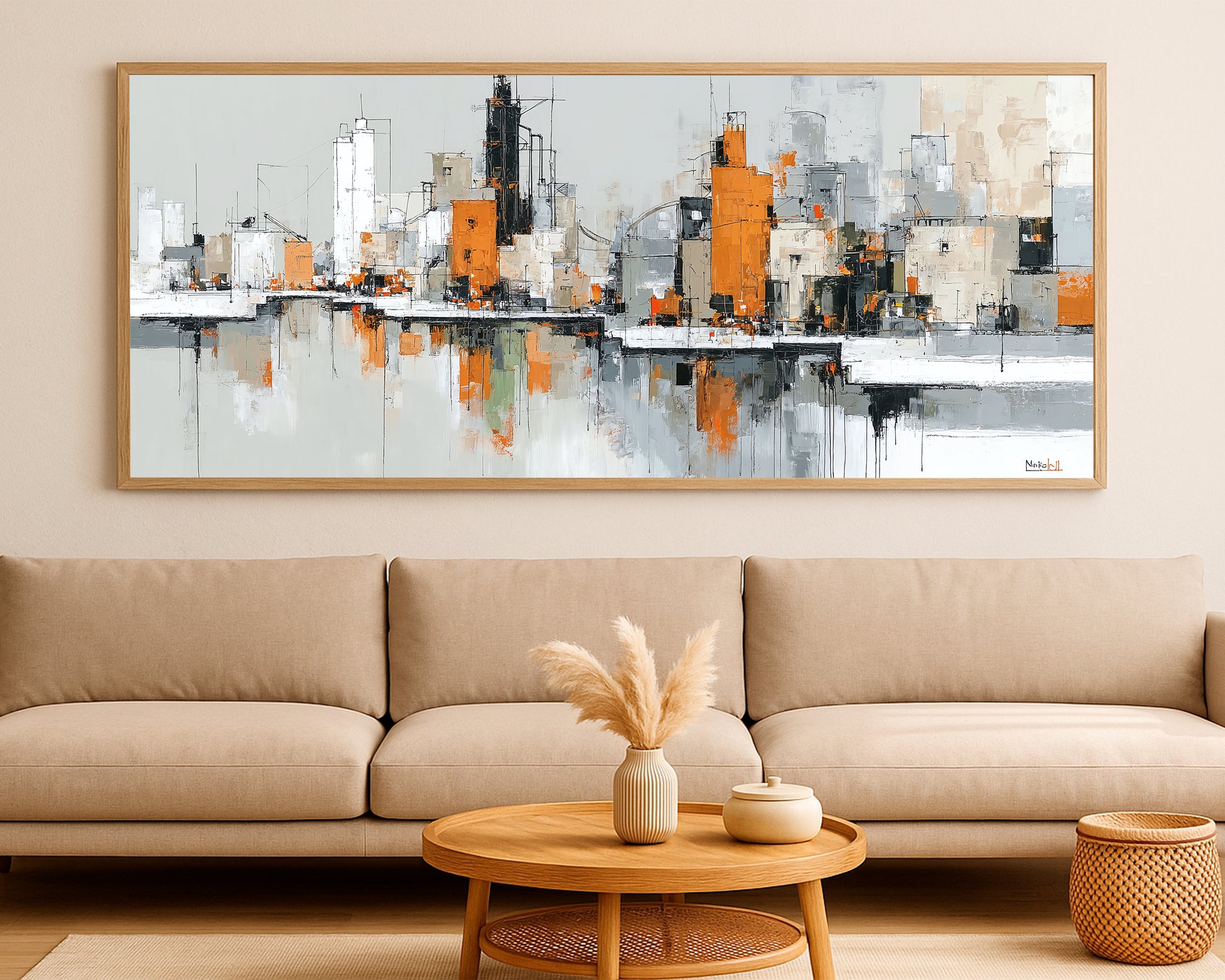 Abstract panoramic skyline print with modern geometric structures, black details, and warm orange highlights.