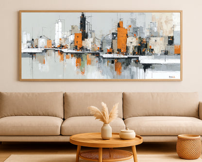 Abstract panoramic skyline print with modern geometric structures, black details, and warm orange highlights.