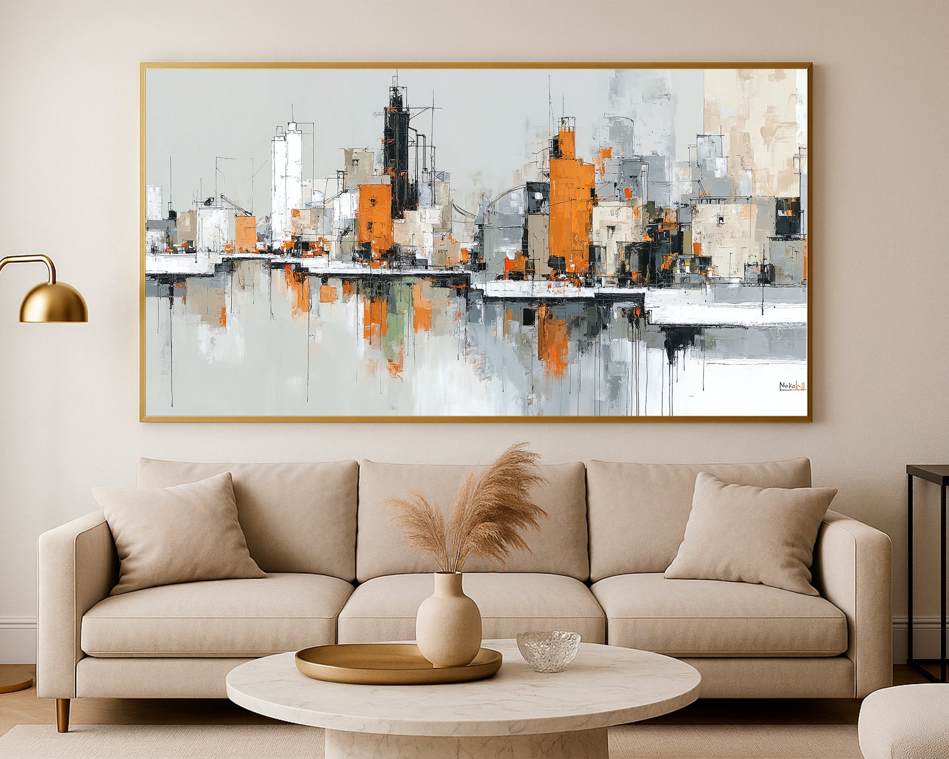 Industrial abstract city wall art showing layered urban forms in gray, white, beige, black, and orange.