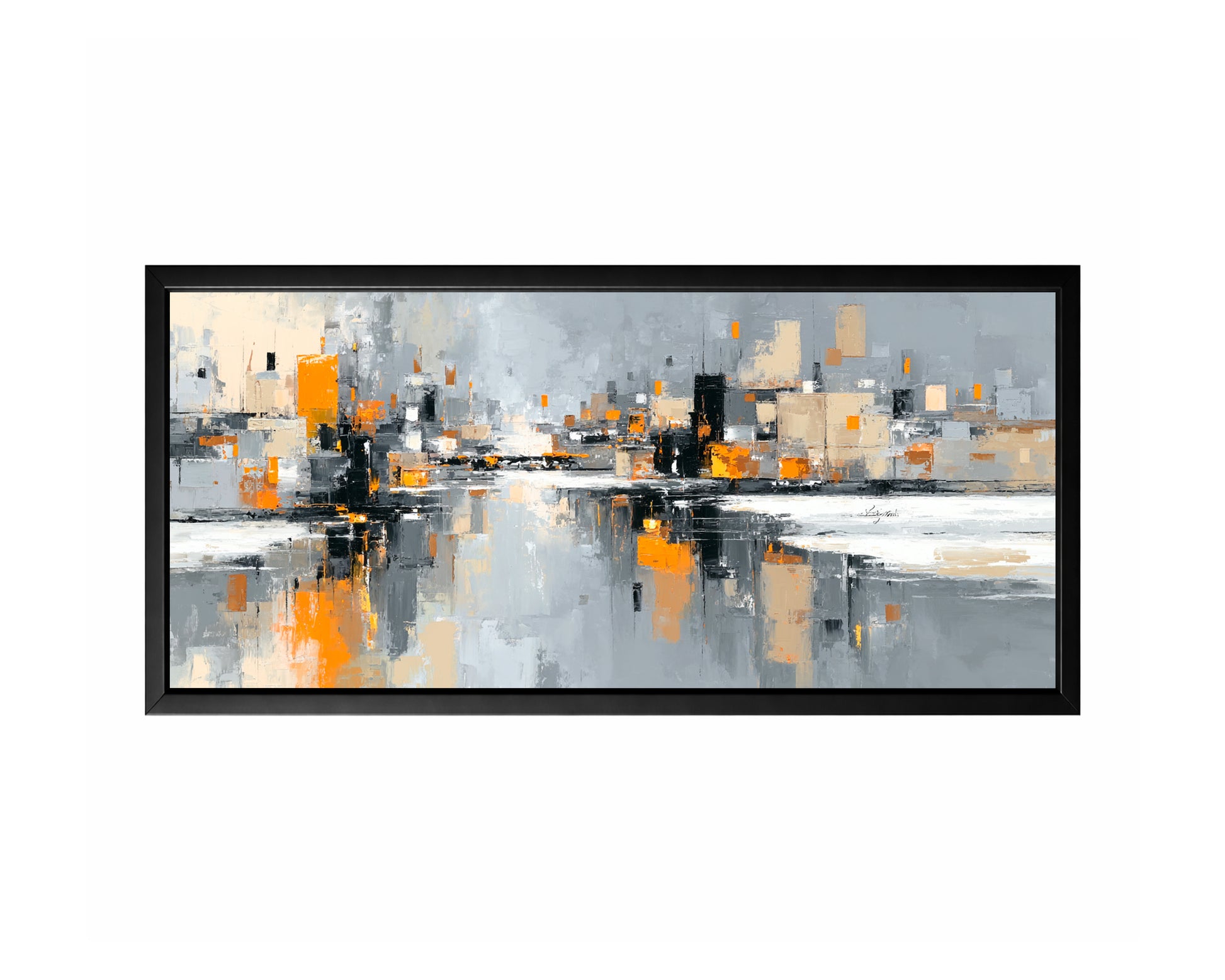 Panoramic abstract cityscape with gray, black, beige, white, and warm orange geometric urban forms.