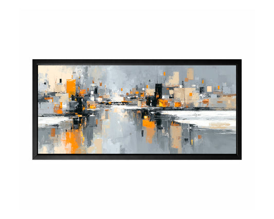 Panoramic abstract cityscape with gray, black, beige, white, and warm orange geometric urban forms.
