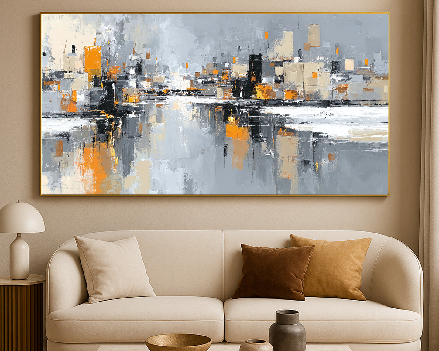 Modern abstract skyline artwork with textured gray buildings, orange accents, and reflective city shapes.