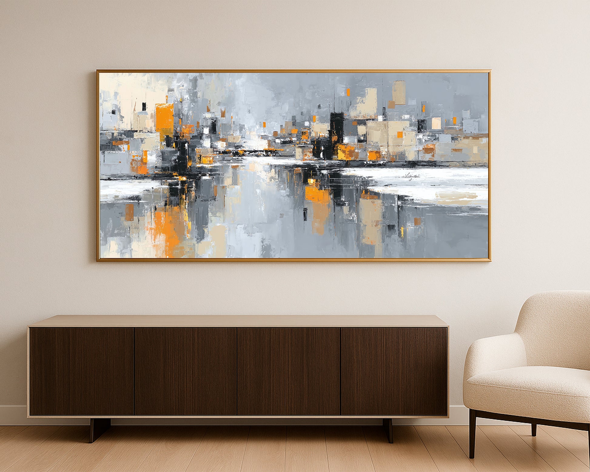 Wide abstract urban wall art featuring layered architecture, soft gray brushwork, and vivid orange highlights.