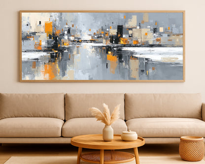 Panoramic cityscape painting with black vertical structures, beige blocks, and orange details against a gray background.
