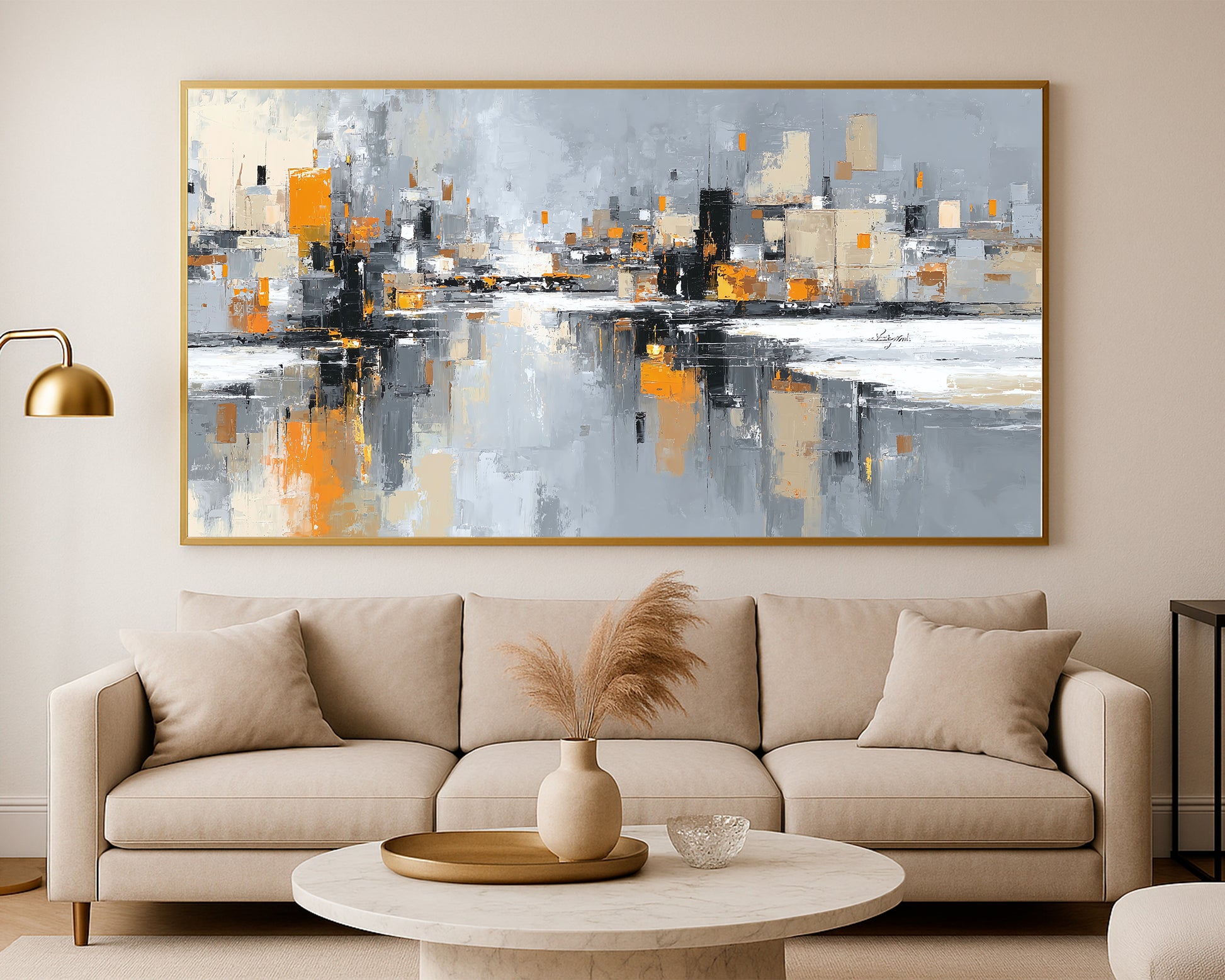 Abstract architectural skyline print in gray, cream, black, and orange with soft reflections and textured movement.
