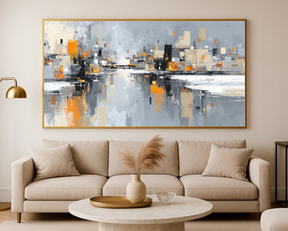 Abstract architectural skyline print in gray, cream, black, and orange with soft reflections and textured movement.