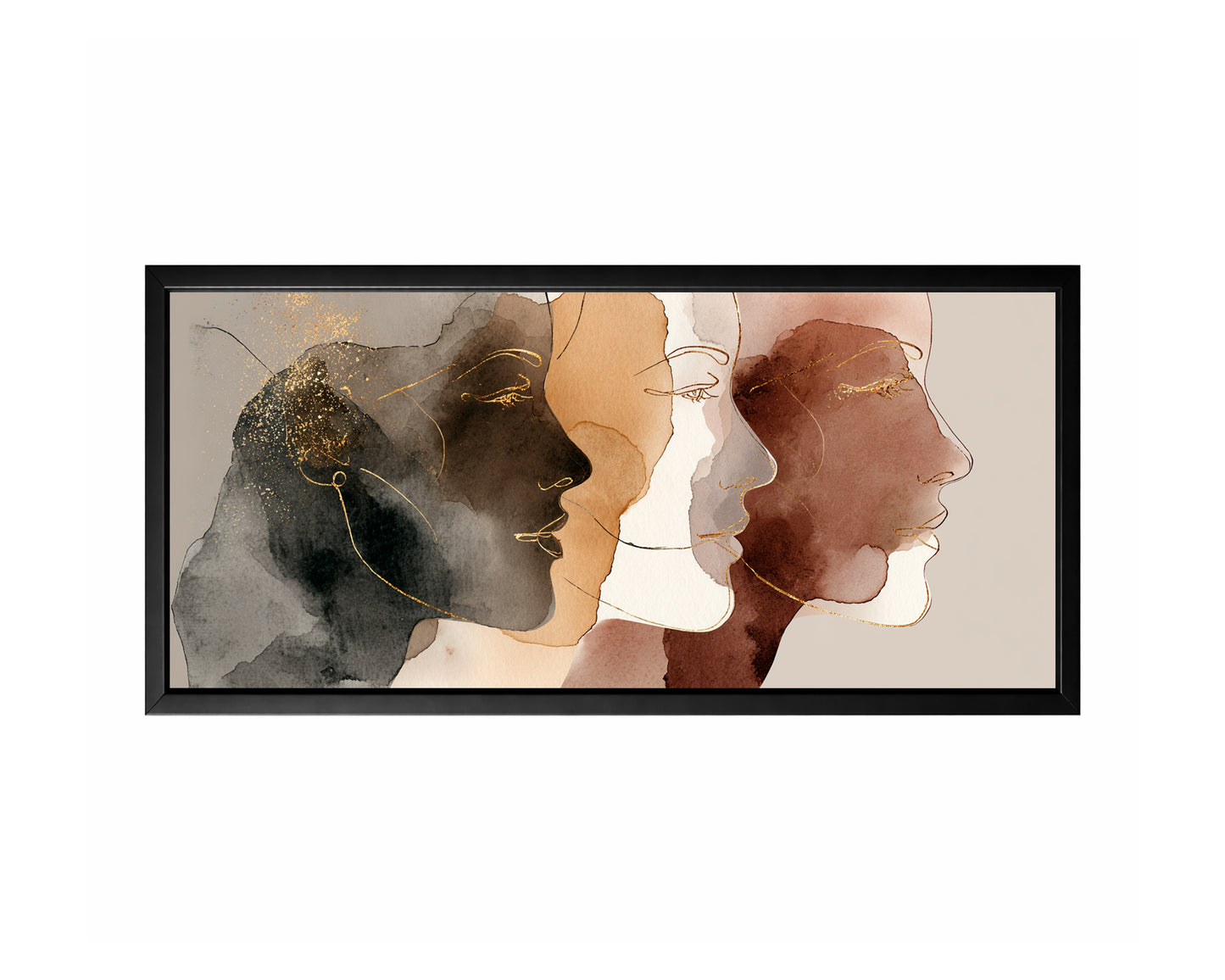 Panoramic abstract female profile artwork with four overlapping faces, earth tone washes, and fine gold lines.
