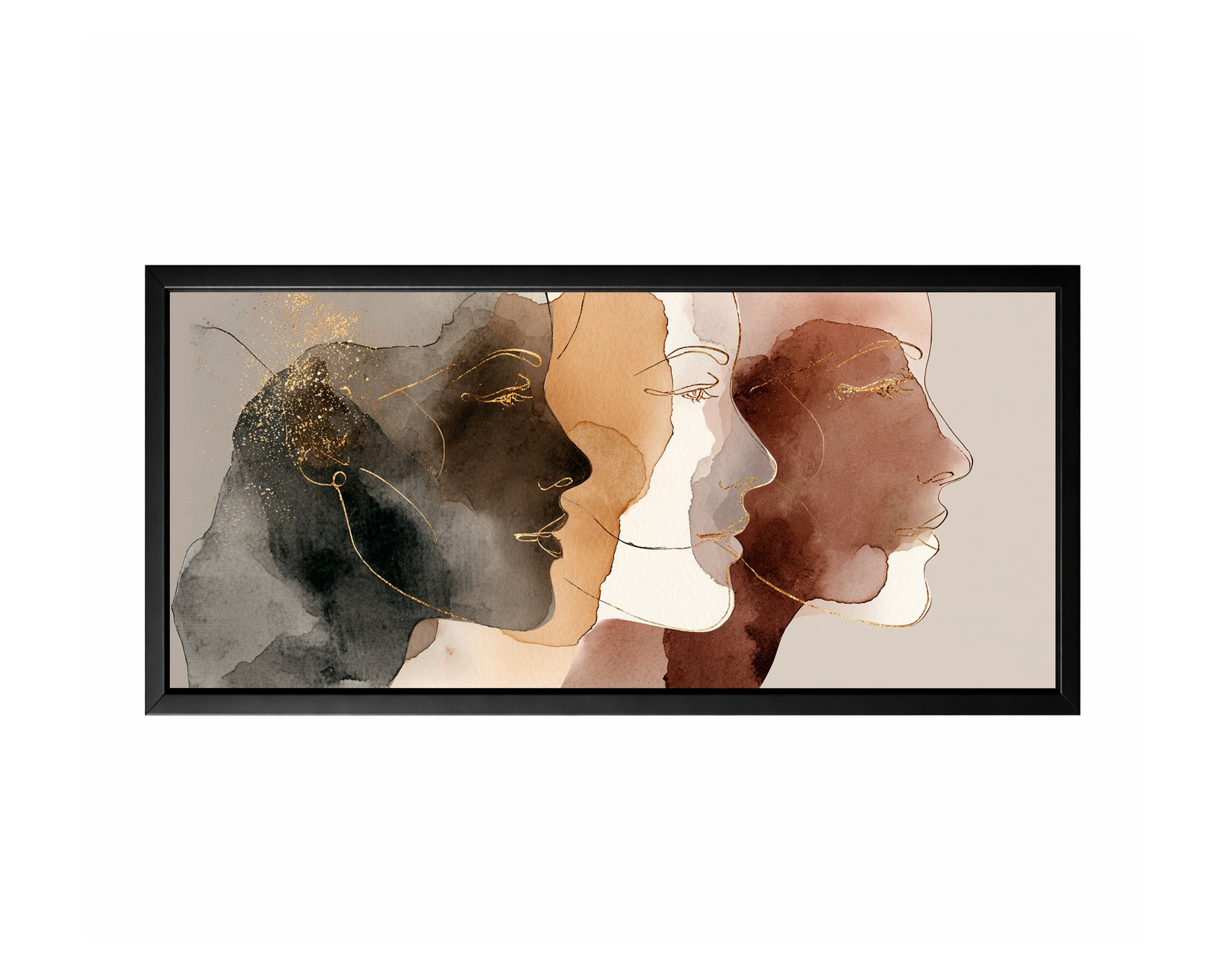 Panoramic abstract female profile artwork with four overlapping faces, earth tone washes, and fine gold lines.