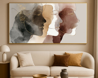 Elegant abstract portrait wall art showing layered female profiles in black, brown, beige, gray, and gold.