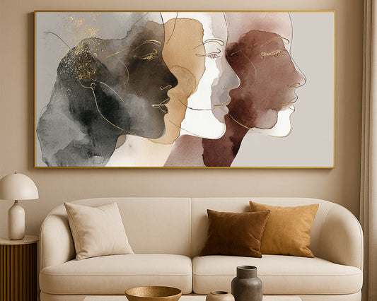 Elegant abstract portrait wall art showing layered female profiles in black, brown, beige, gray, and gold.