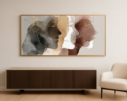 Minimalist female face line art with watercolor-style earth tones and delicate metallic gold accents.
