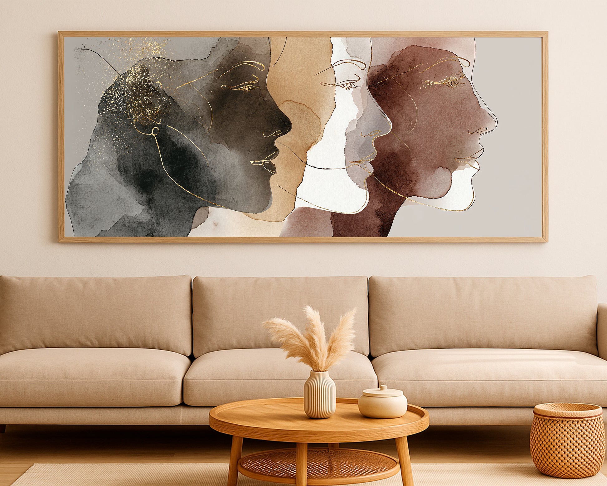 Wide feminine portrait artwork featuring overlapping profile faces, soft neutral washes, and expressive linework.