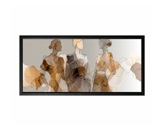 Panoramic fashion figure wall art with three elegant female forms, neutral washes, and flowing gold line accents.