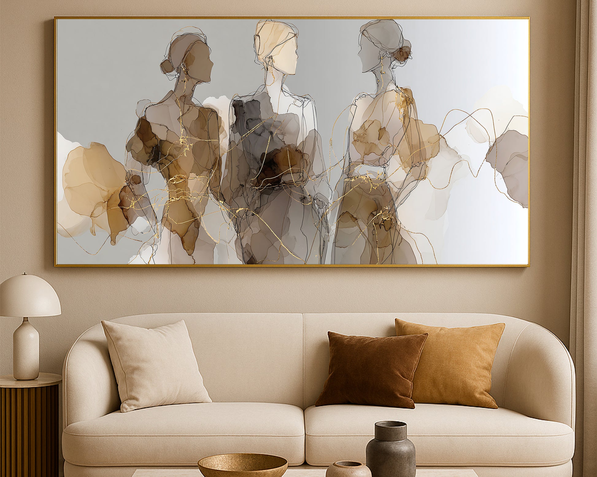 Abstract feminine figure artwork showing three sketched women in beige, brown, gray, ivory, and gold tones.