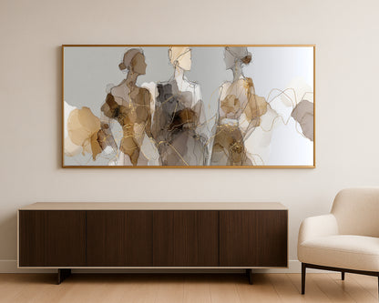 Elegant neutral wall art with translucent female silhouettes, fine black linework, and delicate gold movement.