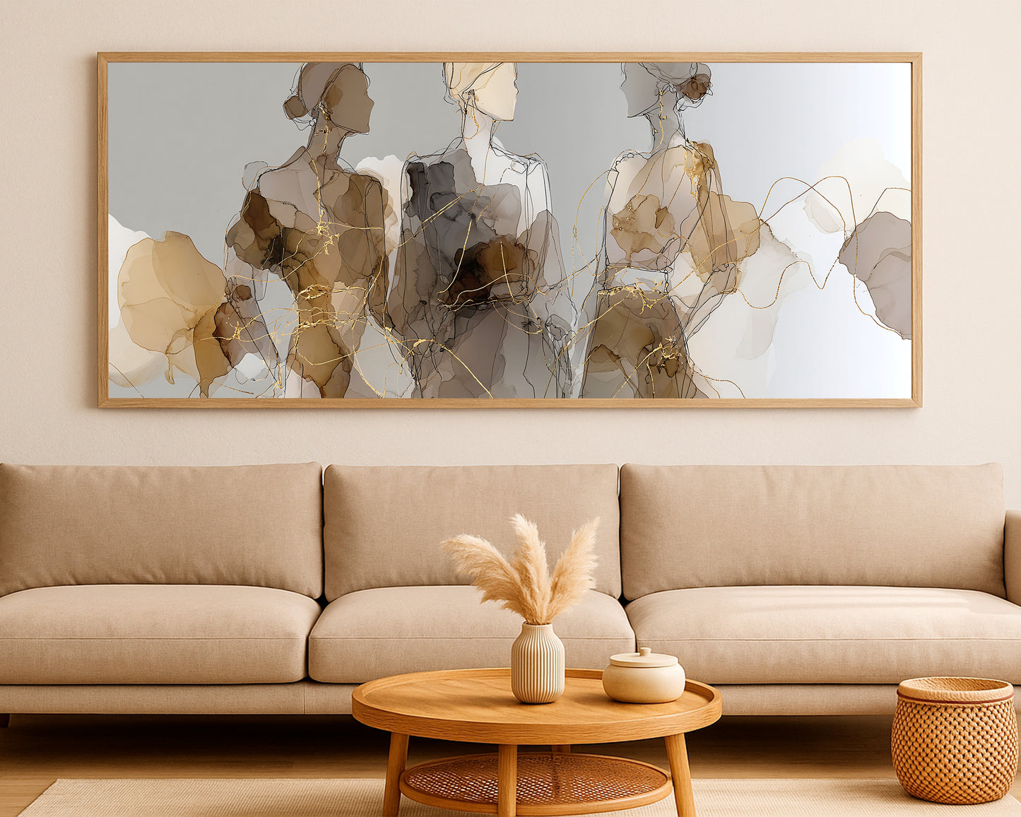 Wide editorial figure illustration featuring three women, layered watercolor textures, and soft luxury gold details.