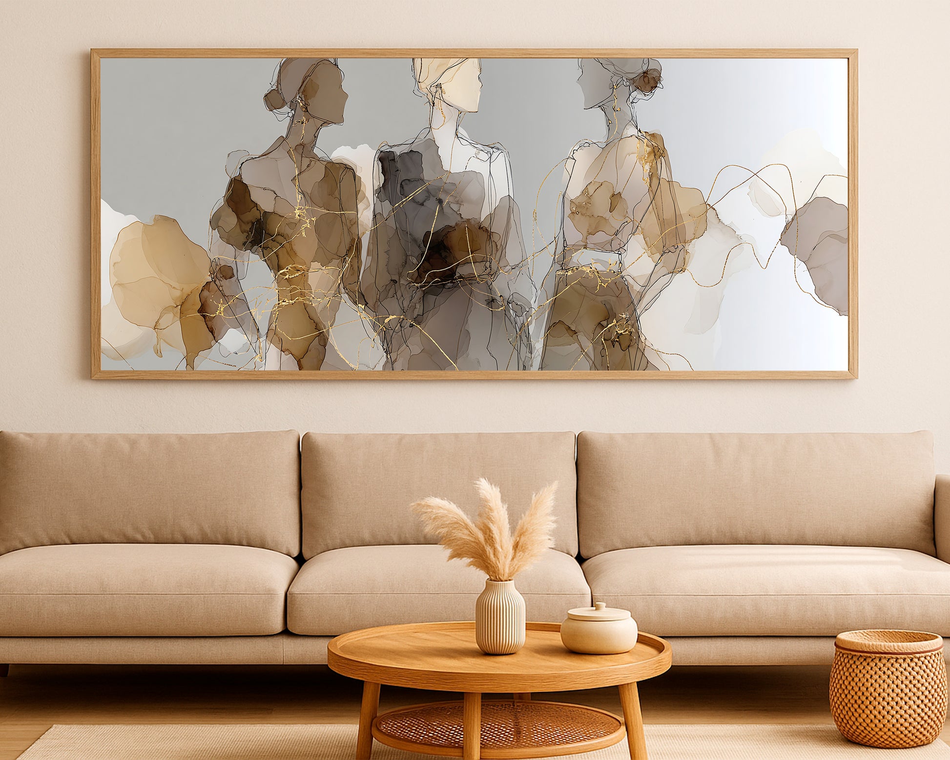 Wide editorial figure illustration featuring three women, layered watercolor textures, and soft luxury gold details.
