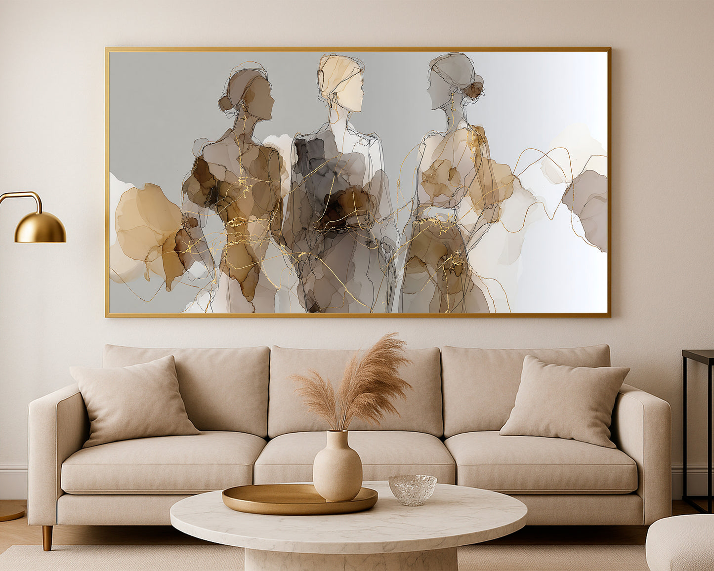 Abstract female fashion figures with beige and brown washes, airy composition, and expressive gold lines.