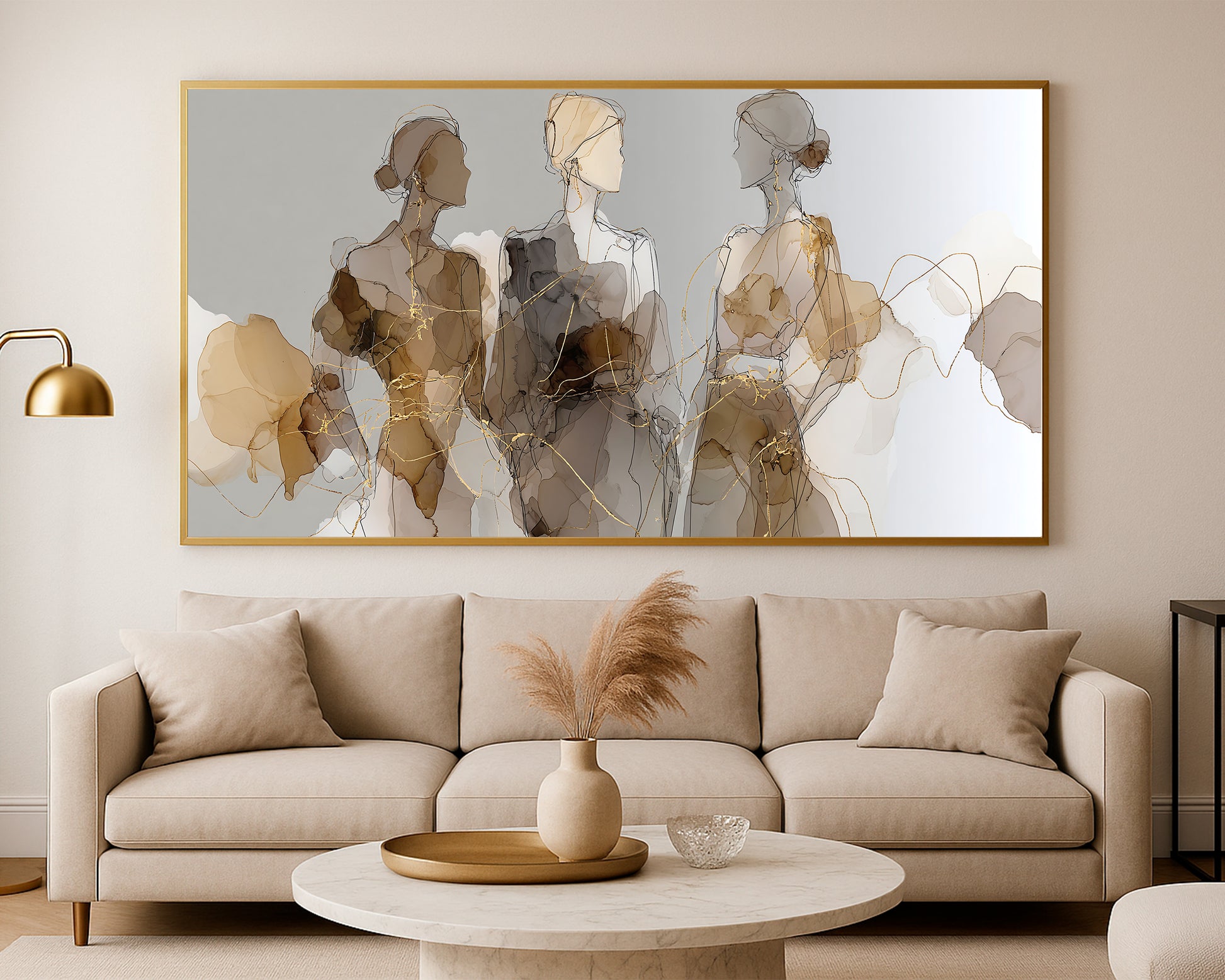 Abstract female fashion figures with beige and brown washes, airy composition, and expressive gold lines.