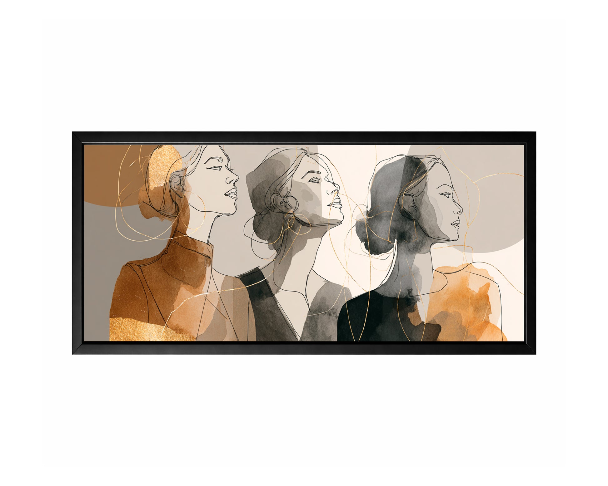 Panoramic artwork with three female portraits in black linework, taupe washes, gray shadows, and gold accents.