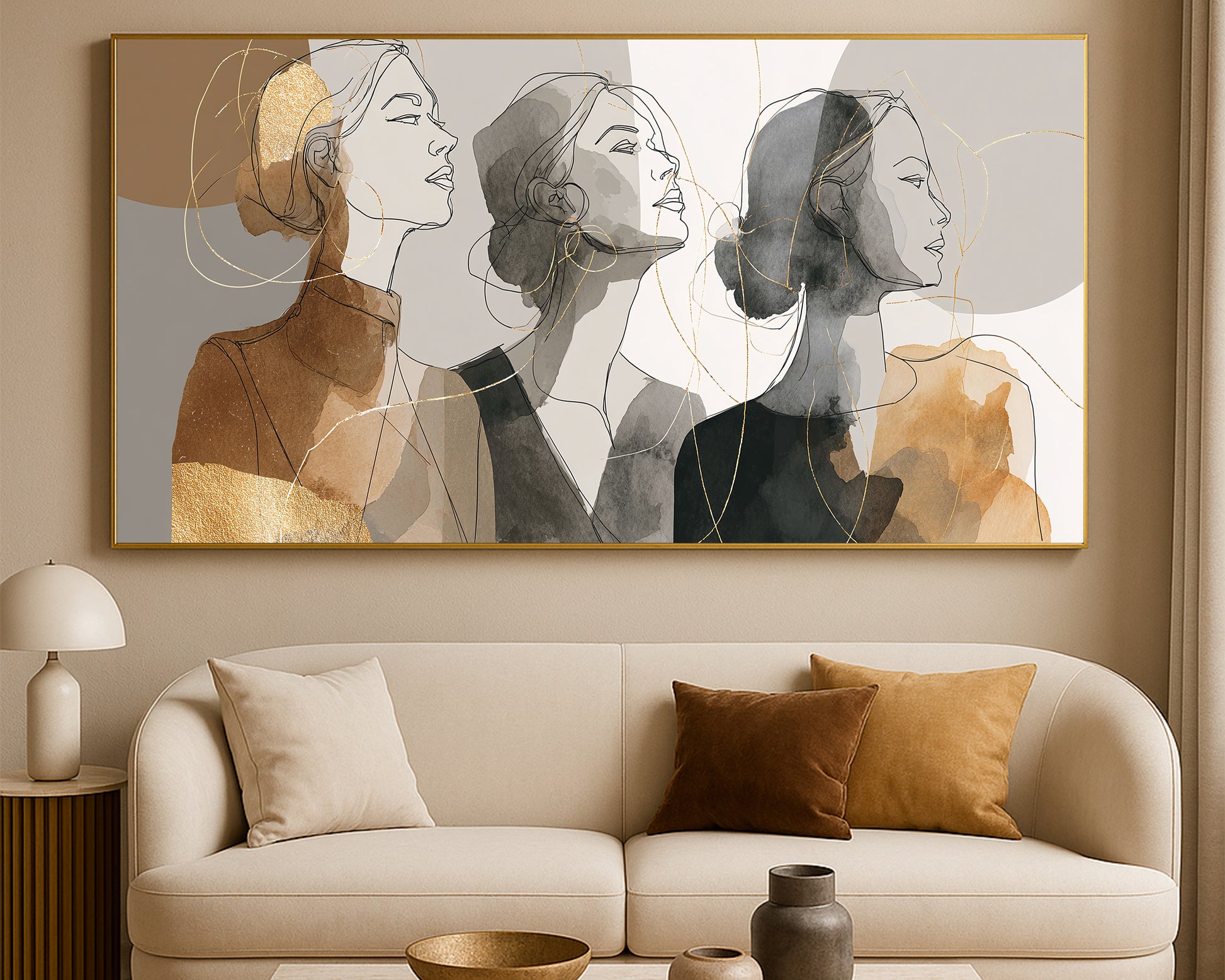 Contemporary feminine portrait wall art showing three profile faces with neutral watercolor textures and gold lines.