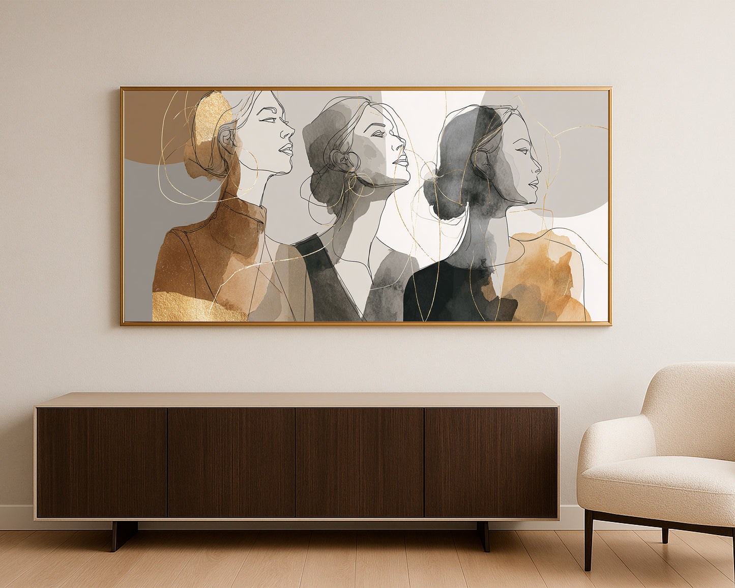 Wide abstract portrait print with three women, soft beige and gray tones, black sketch lines, and gold details.