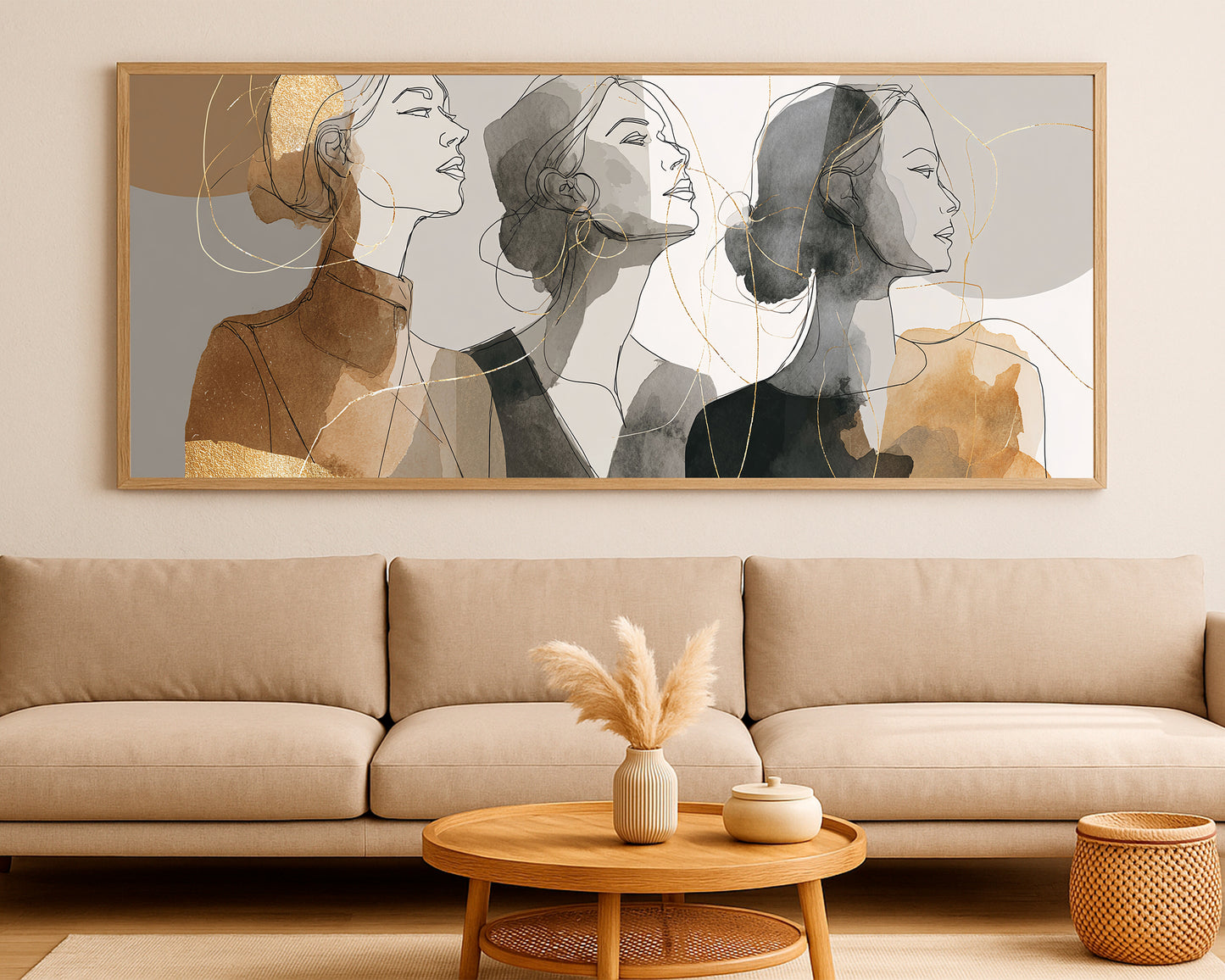 Elegant female face line art composition with taupe, black, beige, and gold layered abstract shapes.