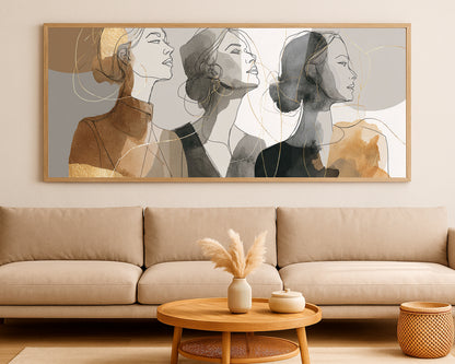 Elegant female face line art composition with taupe, black, beige, and gold layered abstract shapes.