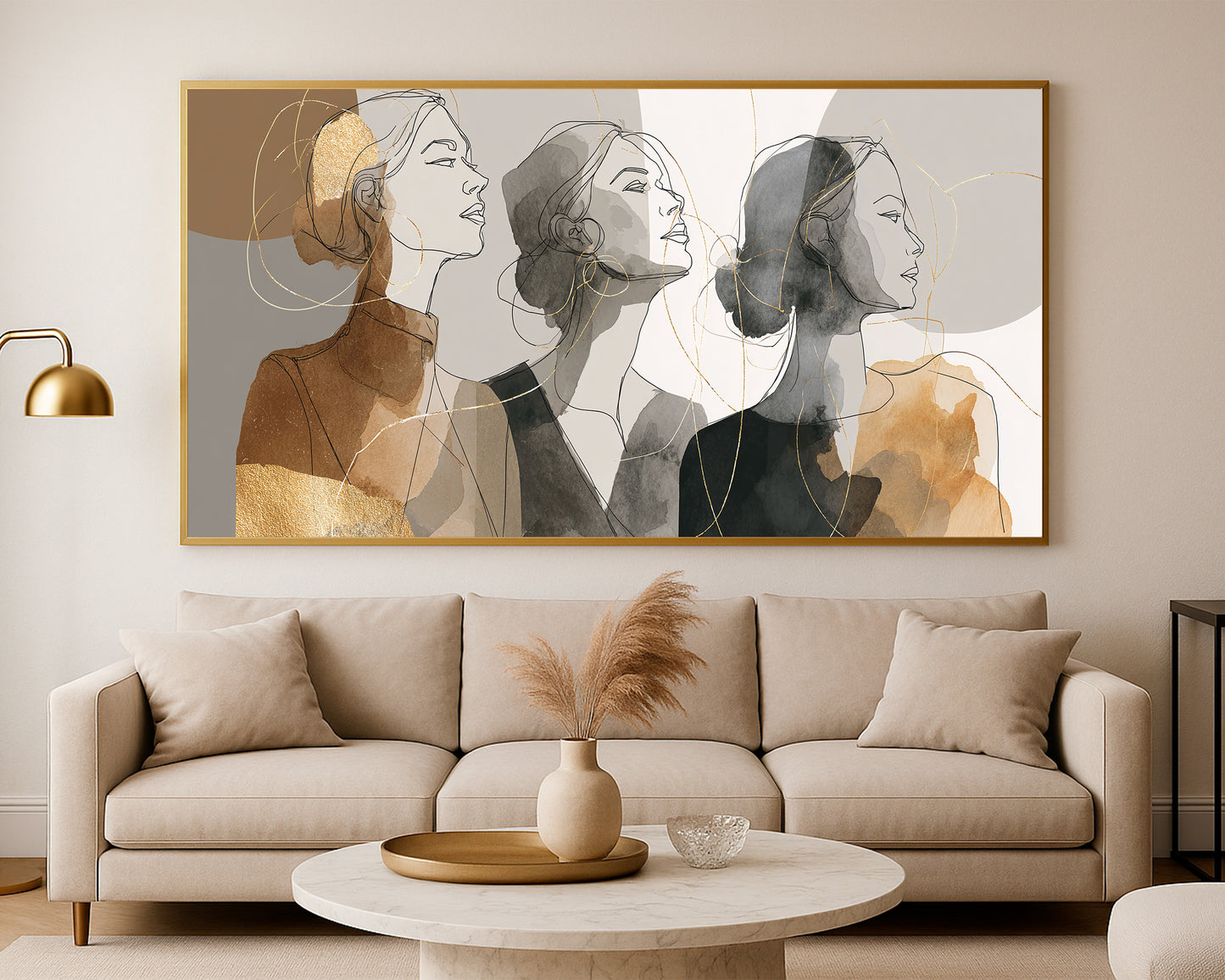 Panoramic neutral portrait artwork featuring three expressive female faces with delicate gold and black linework.