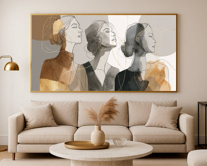 Panoramic neutral portrait artwork featuring three expressive female faces with delicate gold and black linework.